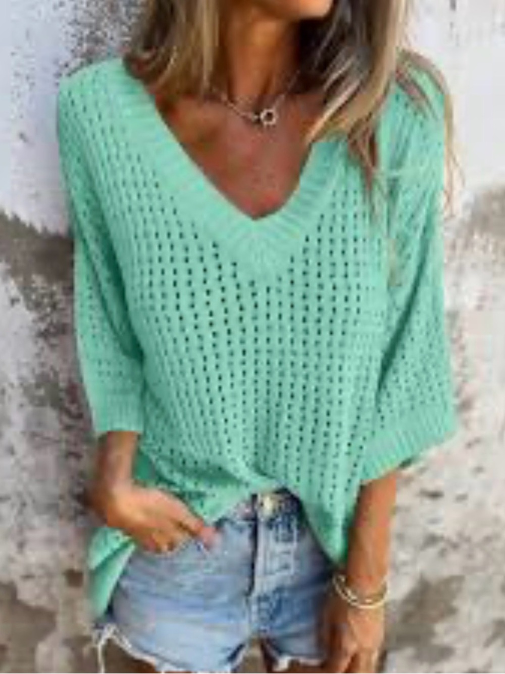 Amazon Mint Green V-Neck Lightweight Open Knit Sweater